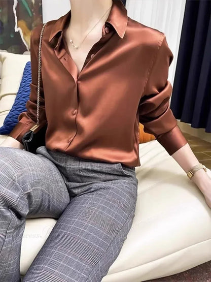 Satin Solid Long Sleeve Polo Neck Blouse