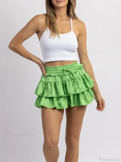 Satin Tiered Flared Pleated Skirt