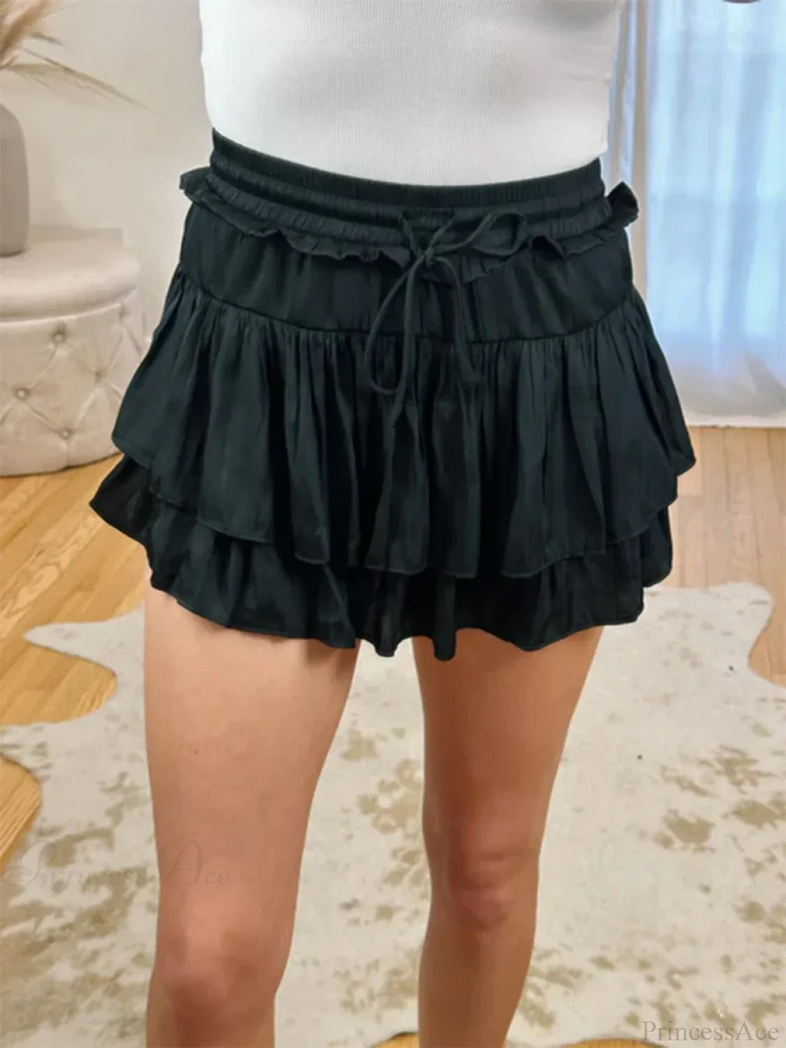 Satin Tiered Flared Pleated Skirt