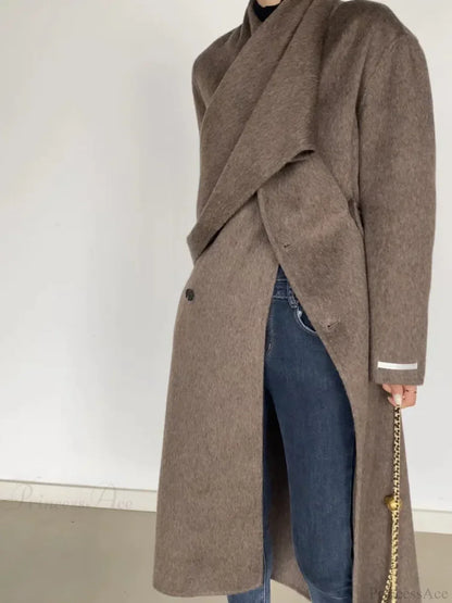 Scarf Collar Double-Breasted Wool Overcoat
