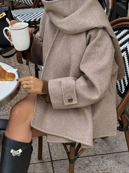 Scarf Collar Woolen Blends Short Coat