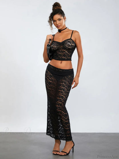 See-Through Black Lace Crochet Camis Crop Top Long Floral Skirt