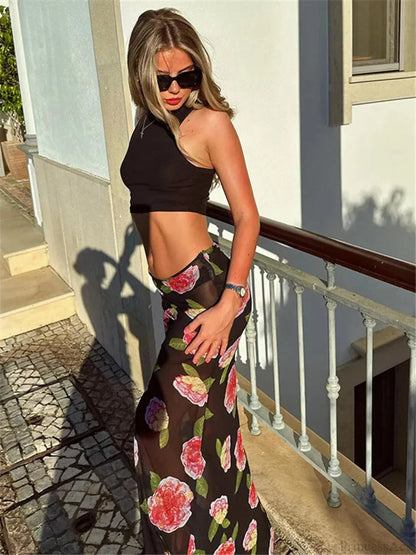 See-Through Flower Summer Cool Flare Bottom Mermaid Skirt