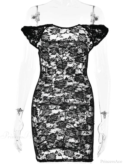 See-Through Lace Floral Off-Shoulder Bodycon Mini Floral Dress