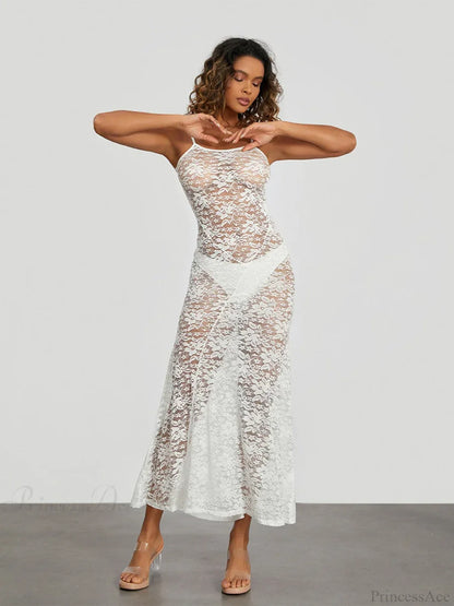 See-Through White Lace Sheer Backless Spaghetti Strap Sundress