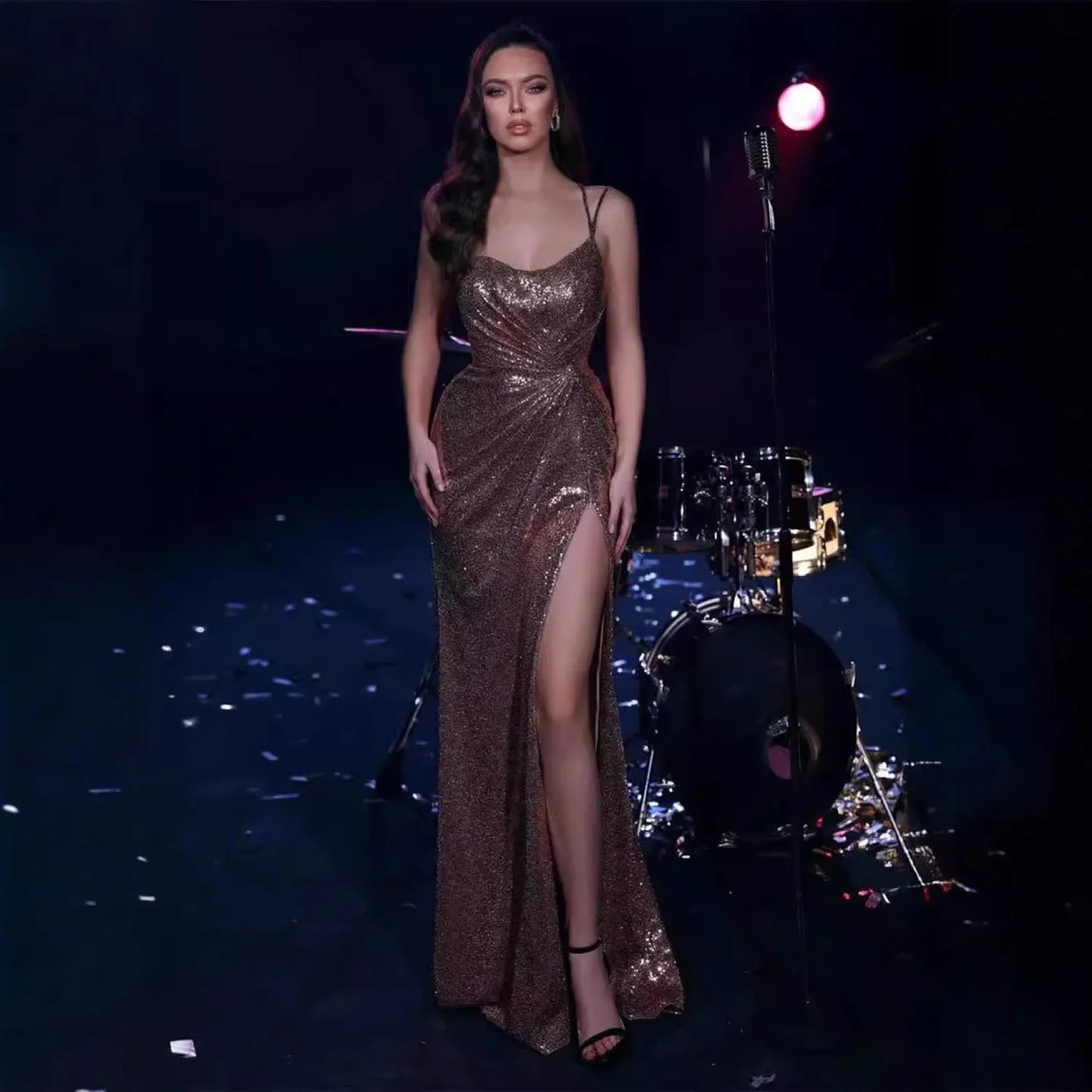 Sequin Off-Shoulder Slit Prom Dress