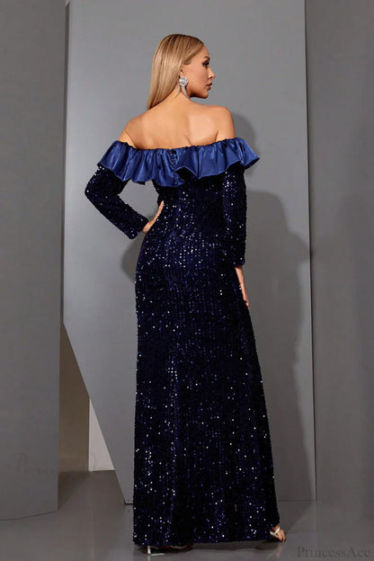 Sequin Off-the-Shoulder Long Sleeve Fitted Mermaid Evening Dress
