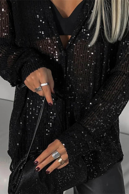 Sequins Long Sleeve Open Front Blouse