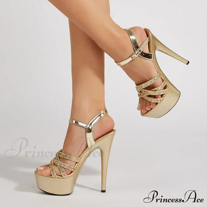 Sexy 15CM Fetish High Heels Platform Sandals - Sequined Narrow Band Open Toe Wedding Banquet Shoes for Women - Zapatos Mujer
