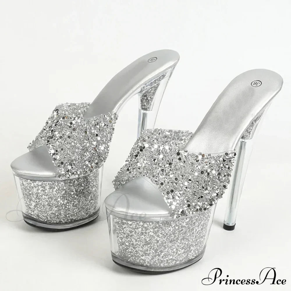 Sexy 20CM Platform Slippers Fashion Sequined Transparent Sandals Summer Open Toe Clear High Heels - Size 34-43