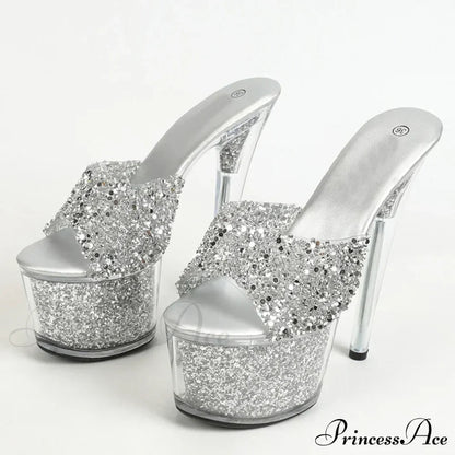 Sexy 20CM Platform Slippers Fashion Sequined Transparent Sandals Summer Open Toe Clear High Heels - Size 34-43
