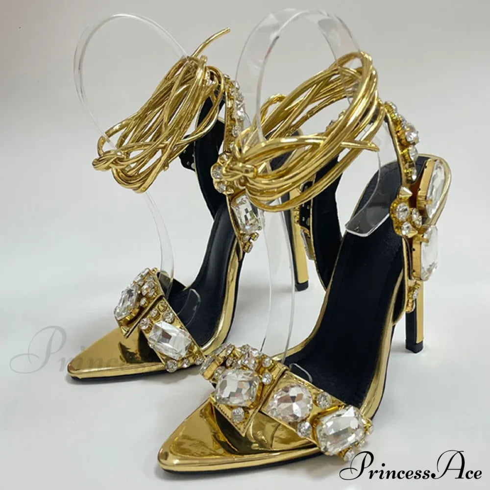 Sexy Ankle Strap Gold Sandals Women Party Nightclub Stripper Heels Crystal Diamond Pointed Toe Wedding Shoe