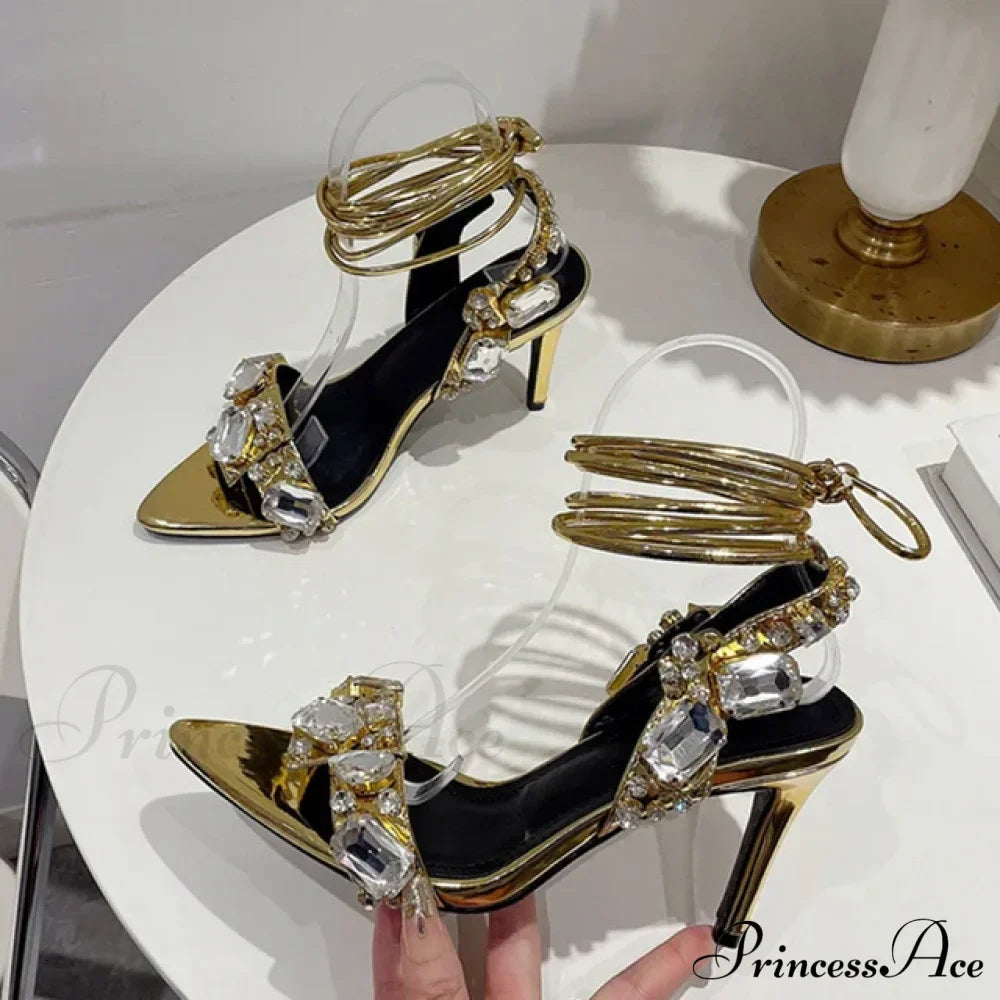 Sexy Ankle Strap Gold Sandals Women Party Nightclub Stripper Heels Crystal Diamond Pointed Toe Wedding Shoe