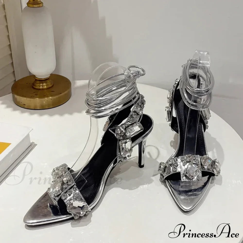 Sexy Ankle Strap Gold Sandals Women Party Nightclub Stripper Heels Crystal Diamond Pointed Toe Wedding Shoe