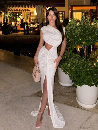 Sexy Asymmetrical Neck Hollow Out White Sleeveless Split Ruched Christmas Party Dress