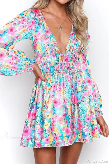 Sexy Backless V-neck Flower Print Mini Floral Dress