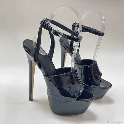 Sexy Black Platform Open Toe Thin Patent LeatherBuckle Strap Stripper Party High Heel