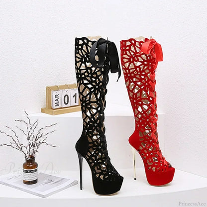 Sexy Club Hollow Out Flock Leather Over The Knee Boots Peep Toe Back Zip 16CM Thin High Heels Sandals High Heel