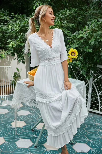 Sexy Deep V-neck Backless Cotton Lace Dress