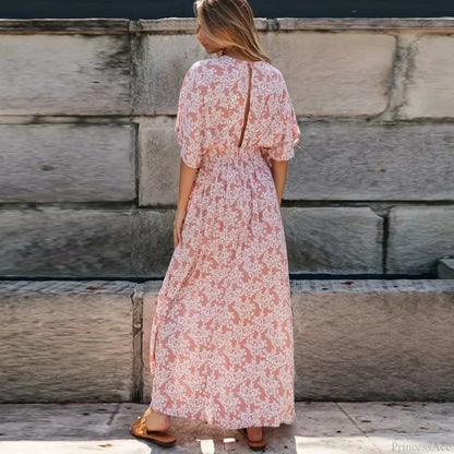 Sexy Deep V-neck Maxi Dress Vintage Floral Print Side Split Boho Dress