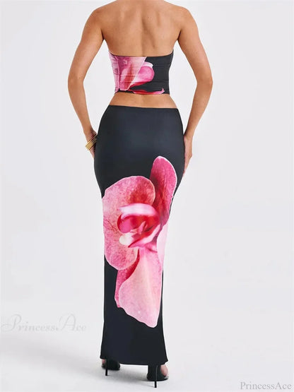 Sexy Floral Print Tube Top Elastic Waist Bodycon Skirt Set