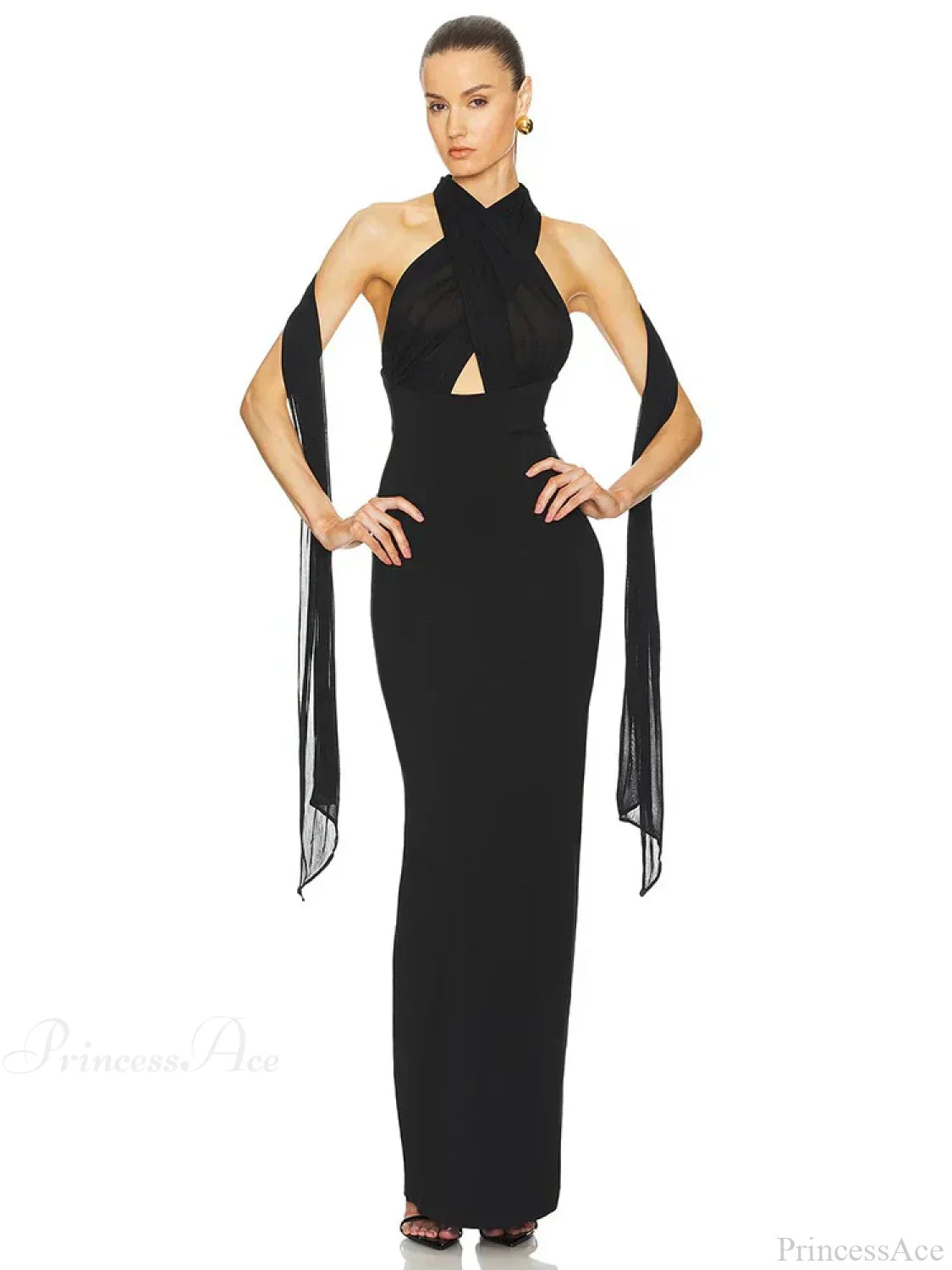 Sexy Halter Backless Mesh Patchwork Black Sleeveless Bodycon Christmas Party Dress