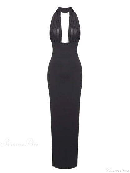 Sexy Halter Backless Mesh Patchwork Black Sleeveless Bodycon Christmas Party Dress