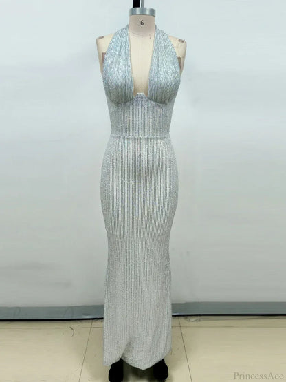 Sexy Halter Deep V Neck Sequins Green Sleeveless Backless Celebrity Christmas Party Dress