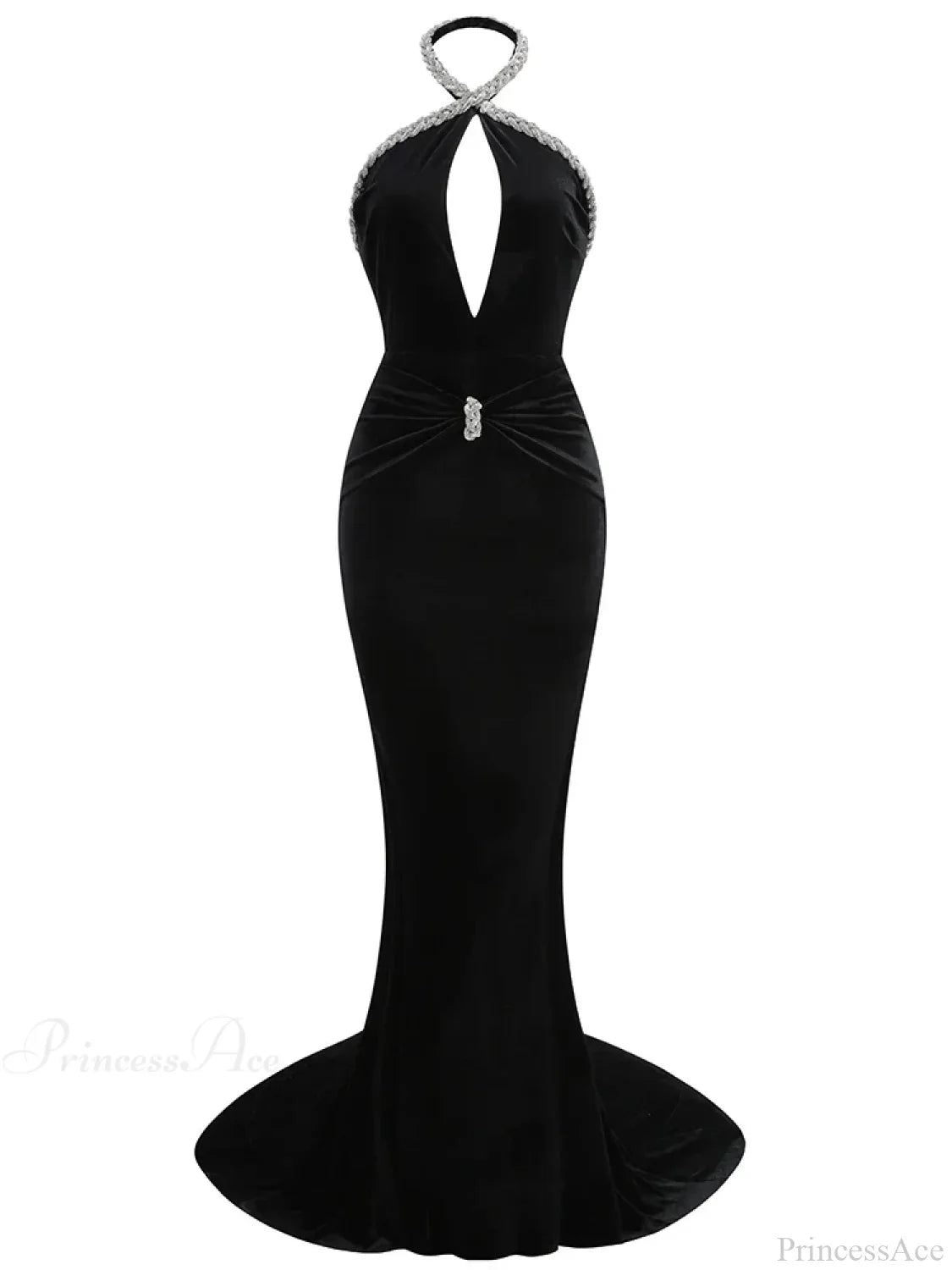 Sexy Halter Neck Diamonds Chain Hollow Out Black Velvet Sleeveless Christmas Party Dress