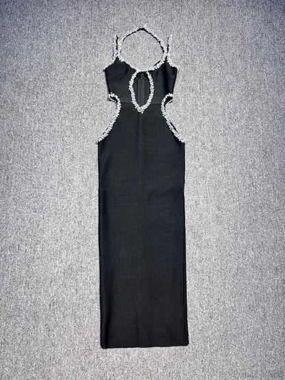 Sexy Halter Neck Sling Hollow Out Crystal Bandage Dress Long Christmas Party Dress