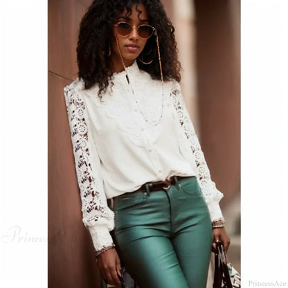 Sexy Hollow Lace Patchwork Long Sleeve Blouse