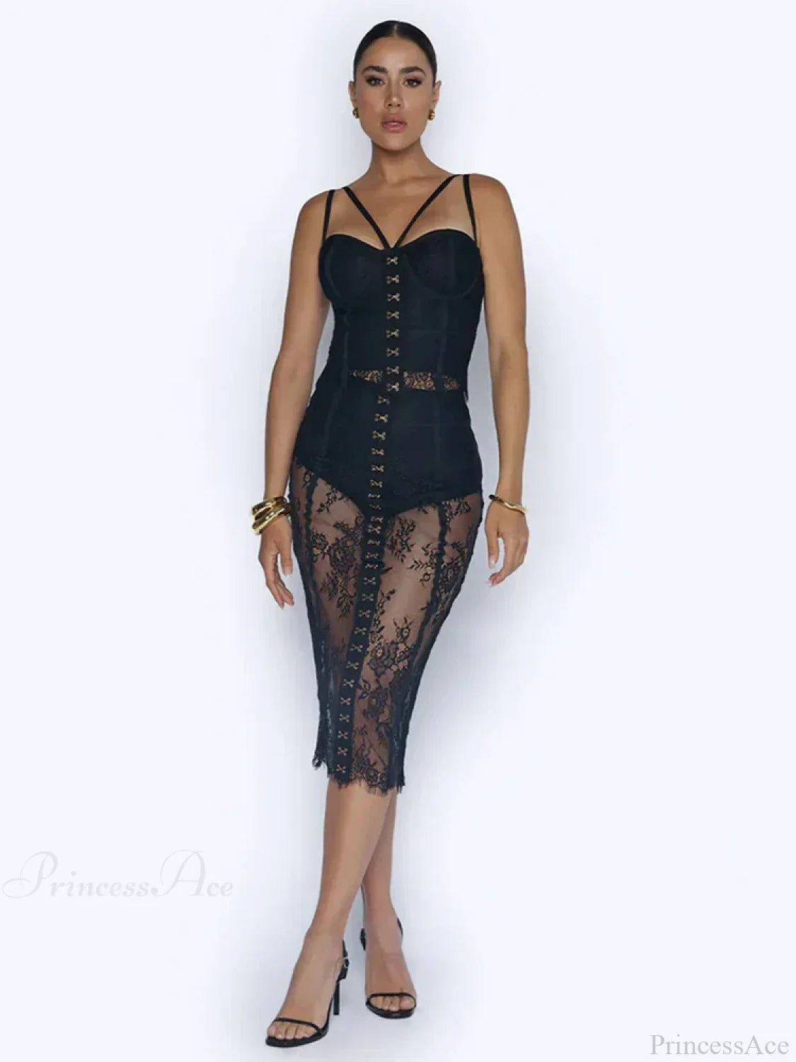 Sexy Lace Two-Piece Black Sleeveless Hook-Front See Through Evening Christmas Party Dress
