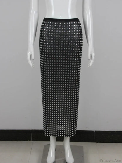 Sexy Mesh Sparkling Diamond Decorative Maxi Black Beading Slim Elegant Christmas Party Dress