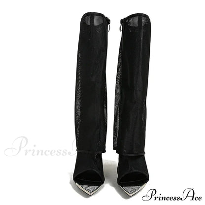 Sexy Metal Pointed Toe Black Mesh Knee High Boots Sandals Women Zip Fashion Rhinestone High Heels Shoes Botas Mujer