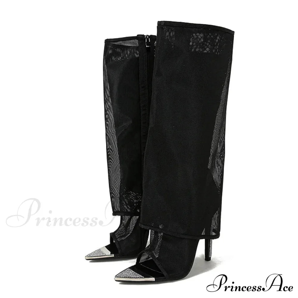 Sexy Metal Pointed Toe Black Mesh Knee High Boots Sandals Women Zip Fashion Rhinestone High Heels Shoes Botas Mujer