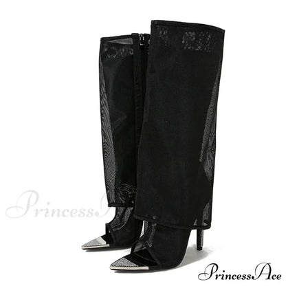 Sexy Metal Pointed Toe Black Mesh Knee High Boots Sandals Women Zip Fashion Rhinestone High Heels Shoes Botas Mujer