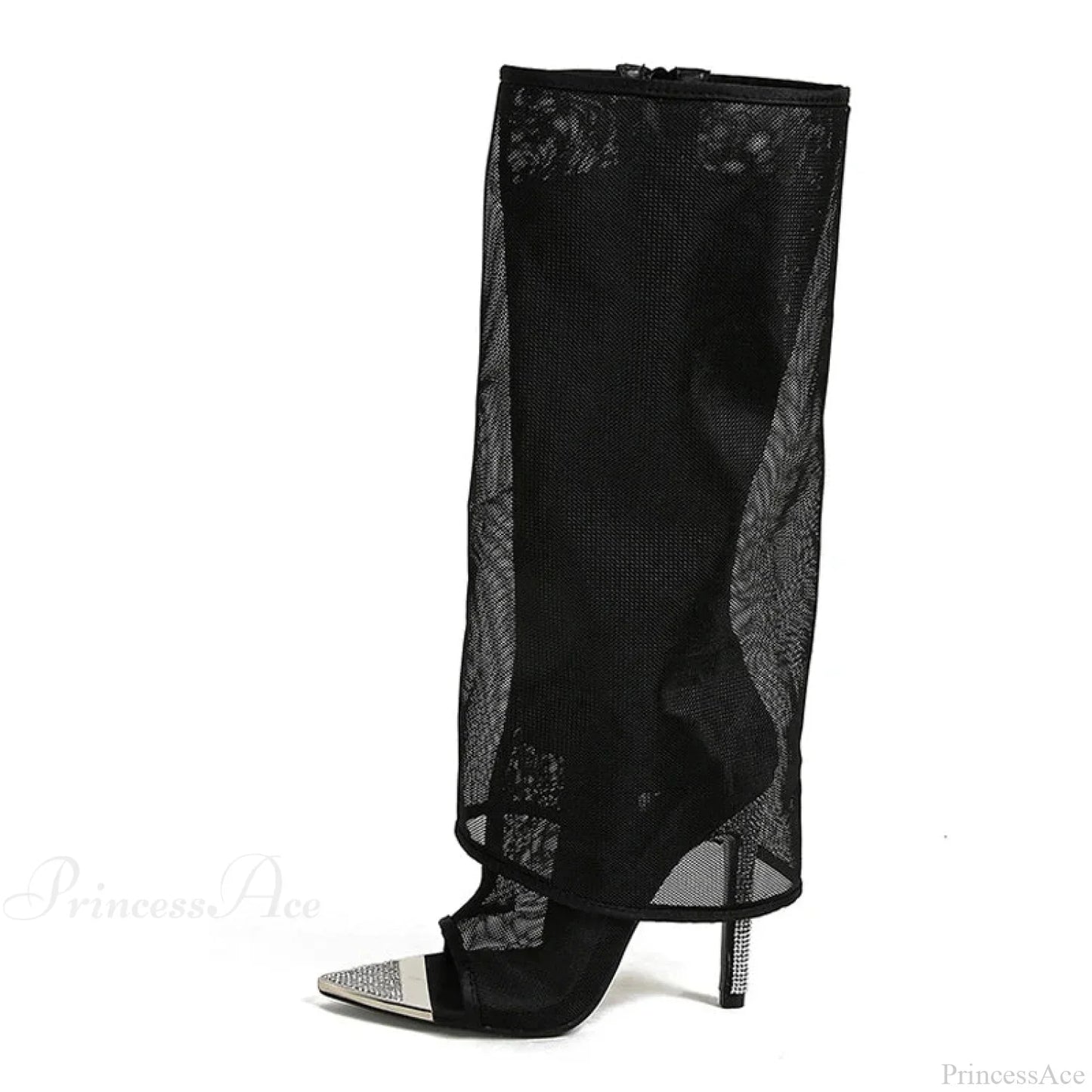 Sexy Metal Pointed-Toe Black Mesh Knee-High Boots Sandals ZipFashion Rhinestone High Heels High Heel