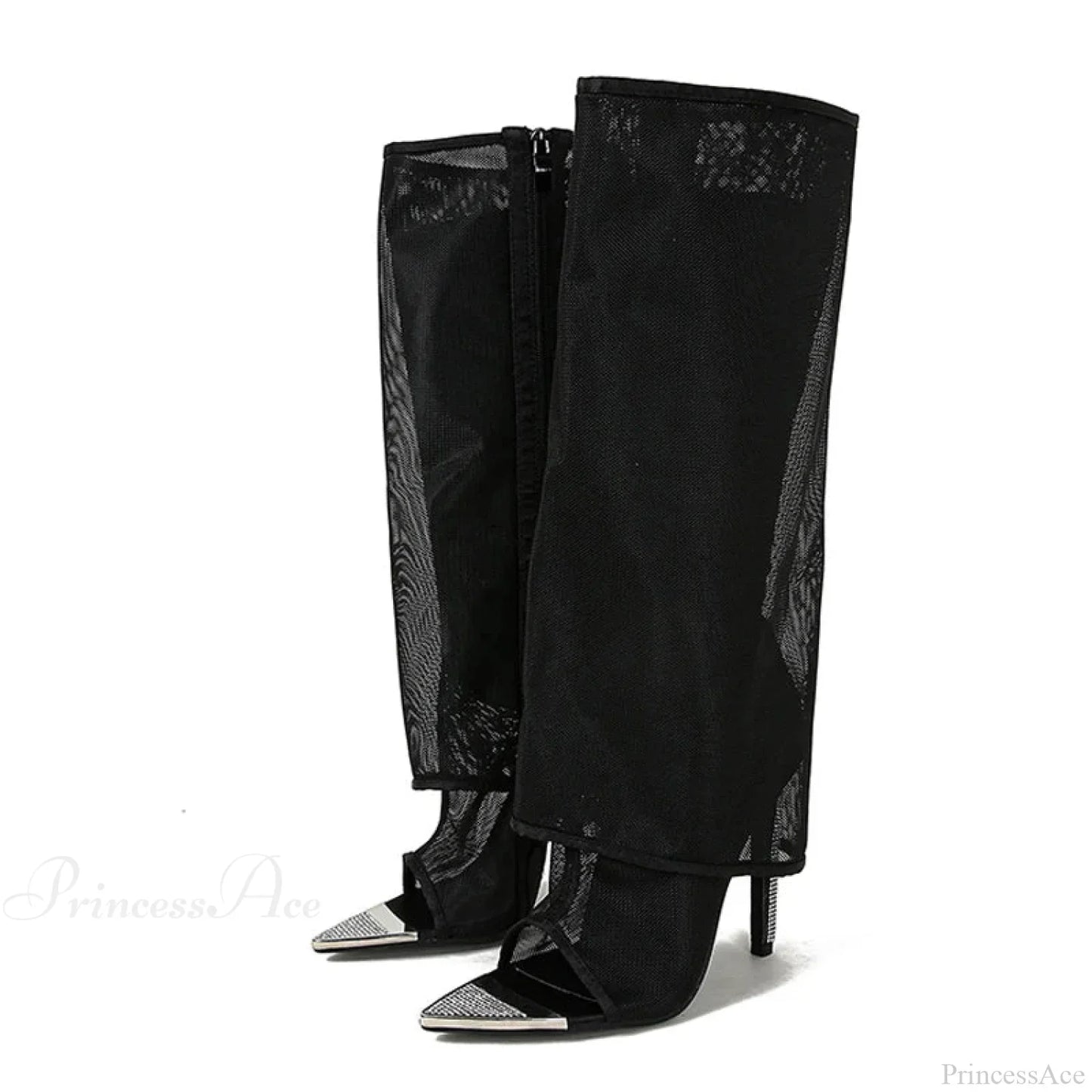 Sexy Metal Pointed-Toe Black Mesh Knee-High Boots Sandals ZipFashion Rhinestone High Heels High Heel