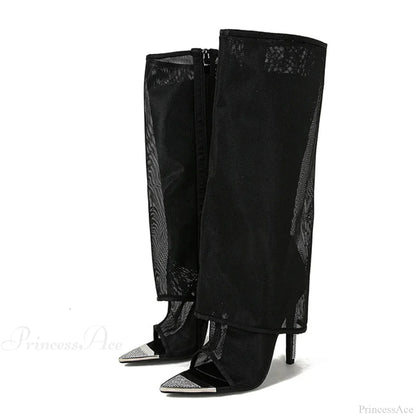 Sexy Metal Pointed-Toe Black Mesh Knee-High Boots Sandals ZipFashion Rhinestone High Heels High Heel