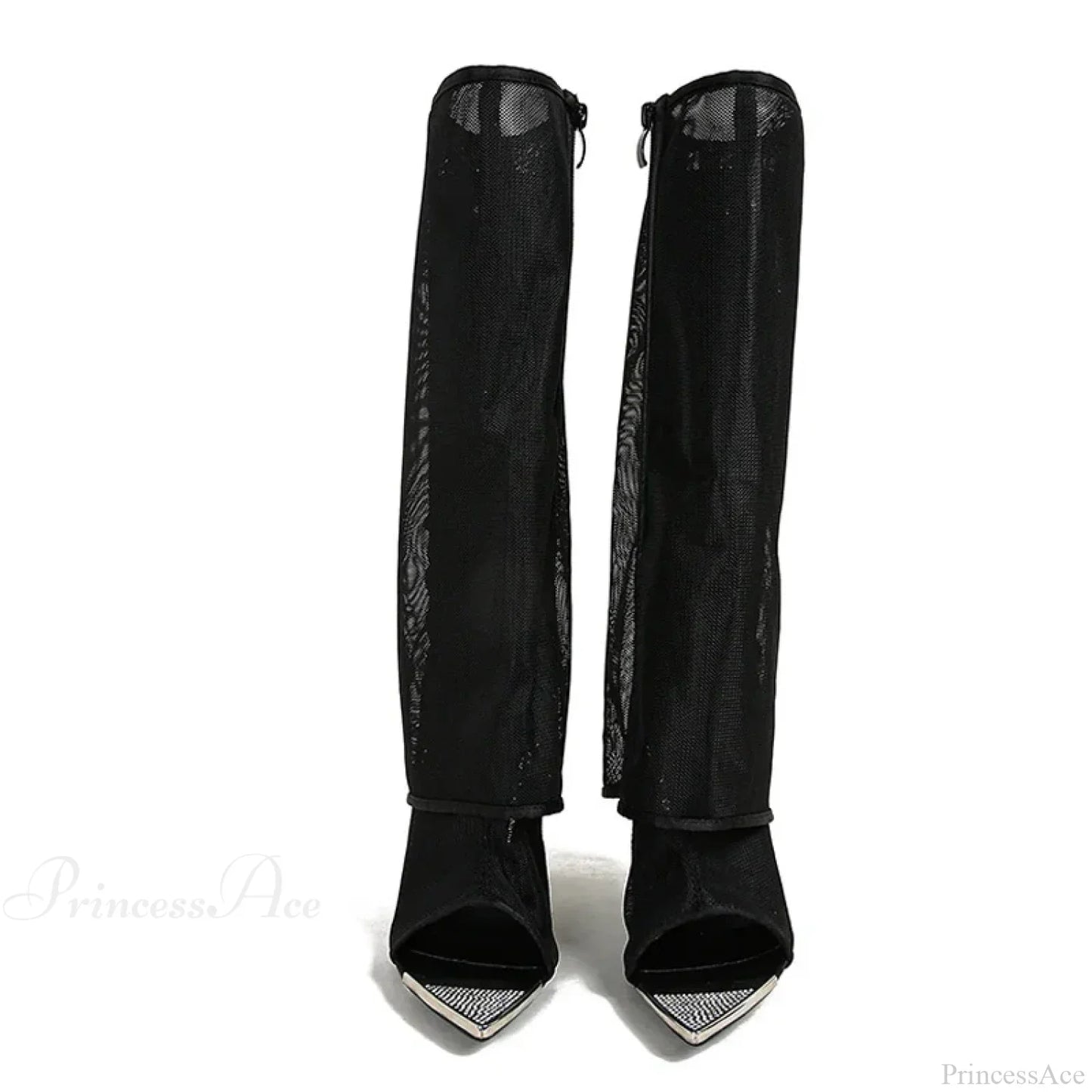 Sexy Metal Pointed-Toe Black Mesh Knee-High Boots Sandals ZipFashion Rhinestone High Heels High Heel
