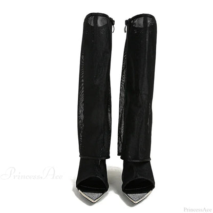 Sexy Metal Pointed-Toe Black Mesh Knee-High Boots Sandals ZipFashion Rhinestone High Heels High Heel