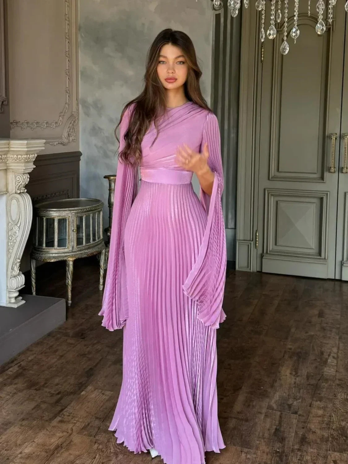 Sexy O Neck Batwing Sleeve Pleated Long Dress Women Rose Christmas Party Dress
