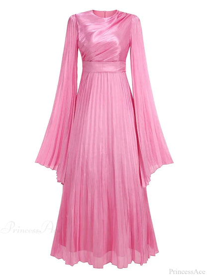 Sexy O Neck Batwing Sleeve Pleated Long Dress Women Rose Christmas Party Dress