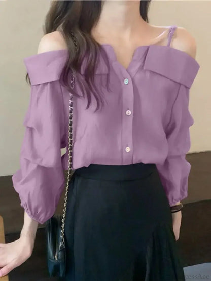 Sexy Off Shoulder Pleated Solid Blouse