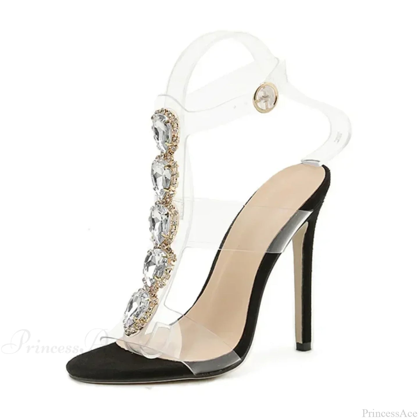 Sexy One-Band Buckle Transparent Pvc Rhinestone Sandals Heart-shaped CrystalBuckle Strap Slim High Heel