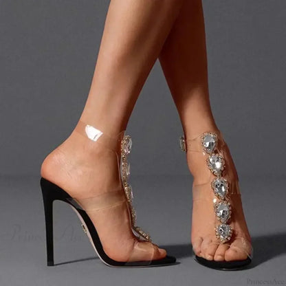 Sexy One-Band Buckle Transparent Pvc Rhinestone Sandals Heart-shaped CrystalBuckle Strap Slim High Heel