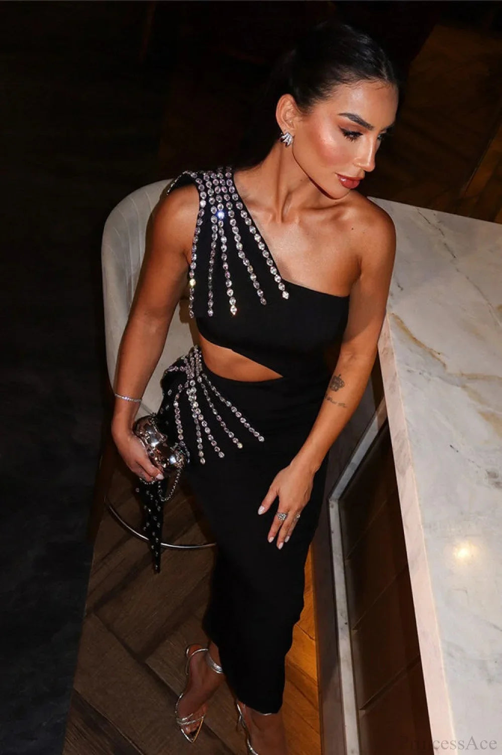 Sexy One-Shoulder Cutout Bodycon Rhinestone Evening Dress