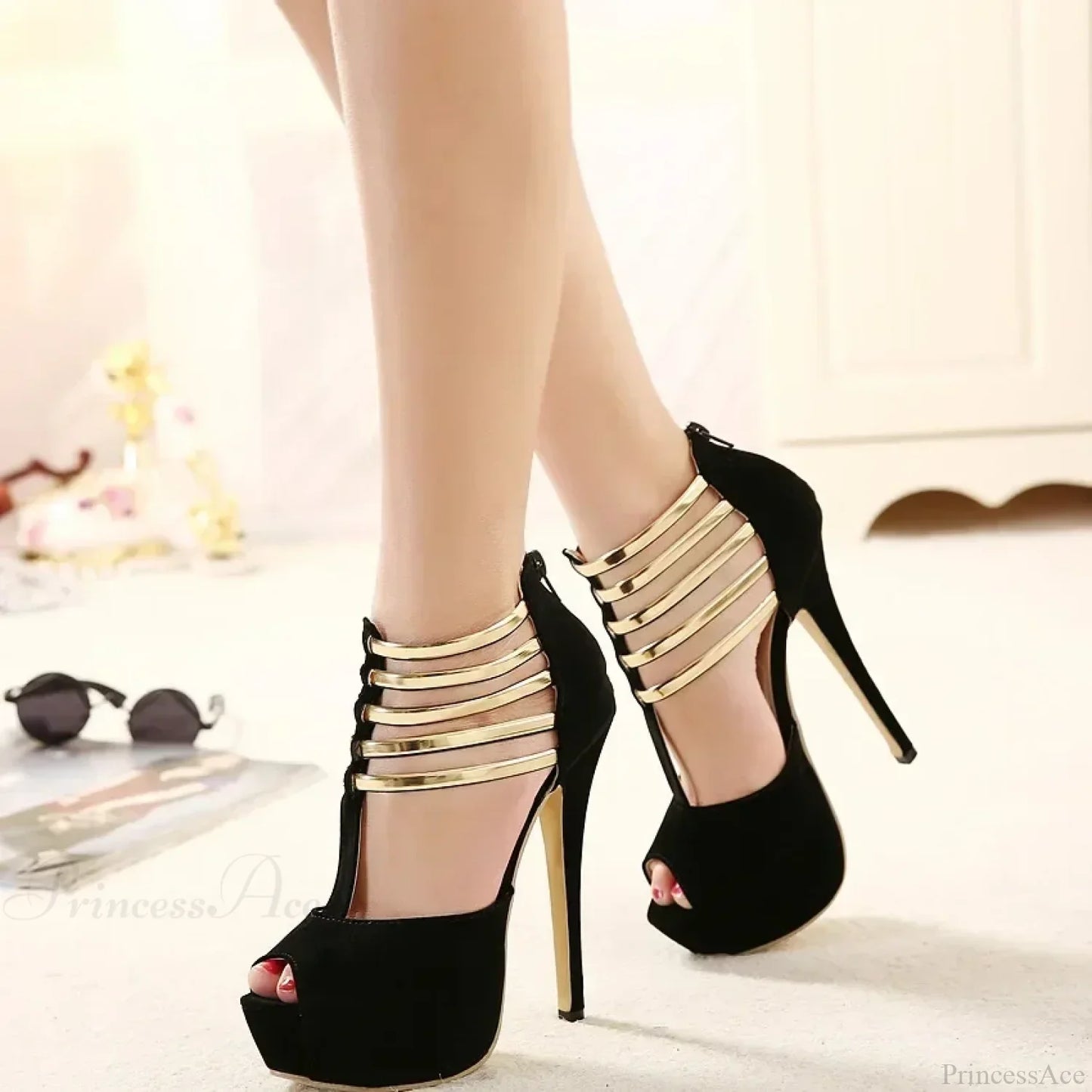 Sexy Open Toe Platform Narrow Band Hollow Stilettos Rear Zipper Pumps 16CM Thin High Heel