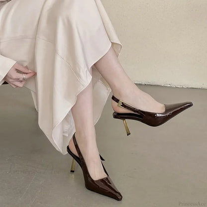 Sexy Patent Leather Slingbacks Thin High Heels Women Pointed Toe Belt Buckle Party Wedding High Heel