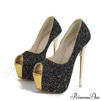 Sexy Peep Toe Extreme High Heels Party Nightclub Stripper Pole Dance Shoes Fashion Sequined Cloth Platform Pumps Women